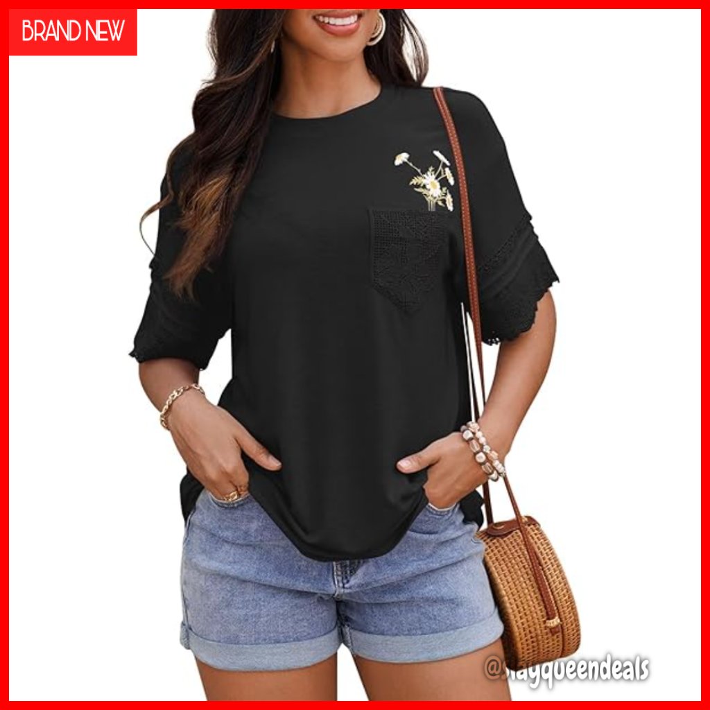 Floral Daisy Lace Short Sleeve T-Shirt Loose Fit Crochet Pocket Summer Top